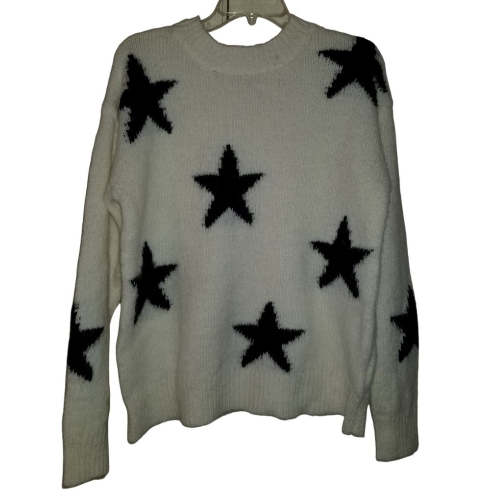 STACCATO Fuzzy Sweater Knit Cream/ Ivory Navy Blue Stars Size Small Fun OOTD